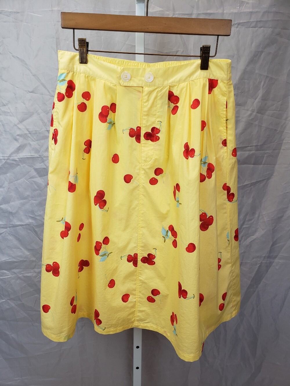 ModCloth Yellow Cherry Print Midi Skirt with Pockets Size Large